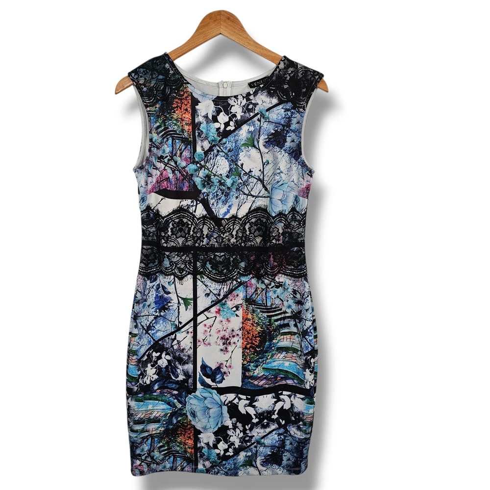 Y2K Floral Black Lace Dress M Sleeveless Stretch Whimsigoth Romantic Cocktail